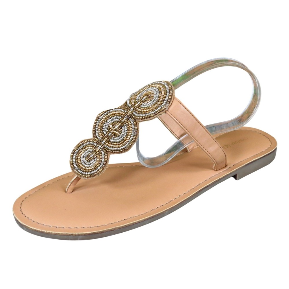 Cynthia Rowley Beaded Medallion Women Thong Sandal Size 9 Summer Tan Gold Silver